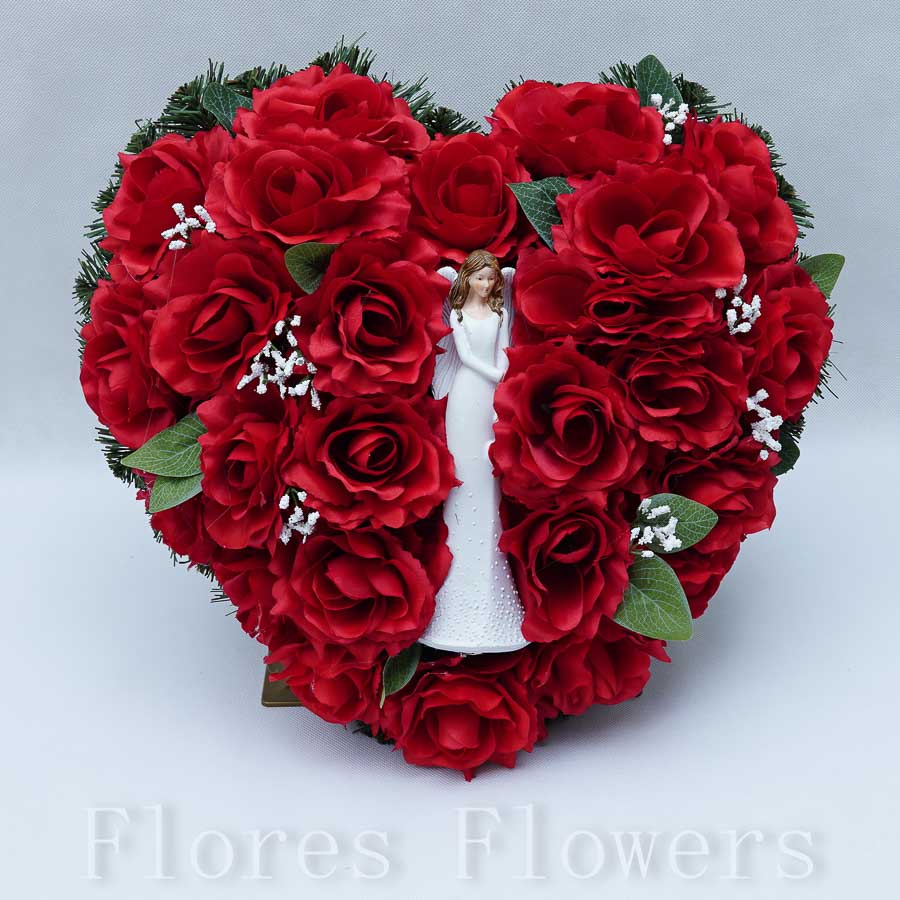Ikebana zaťažená srdiečko, s anjelom, červená, 40x40cm