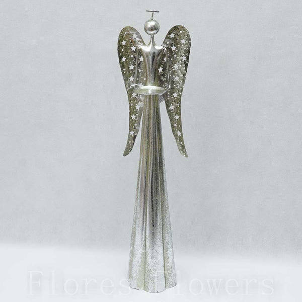 Kovový anjel so svietnikom - strieborný, 17 x 58 x 13 cm