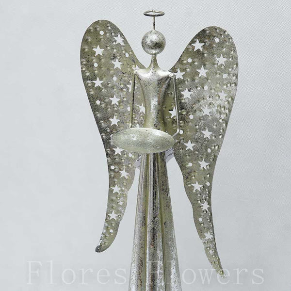 Kovový anjel so svietnikom - strieborný, 23 x 70 x 16 cm