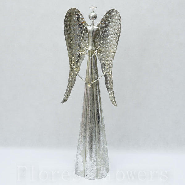 Kovový anjel s LED svetlom - strieborný, 23 x 70 x 14 cm