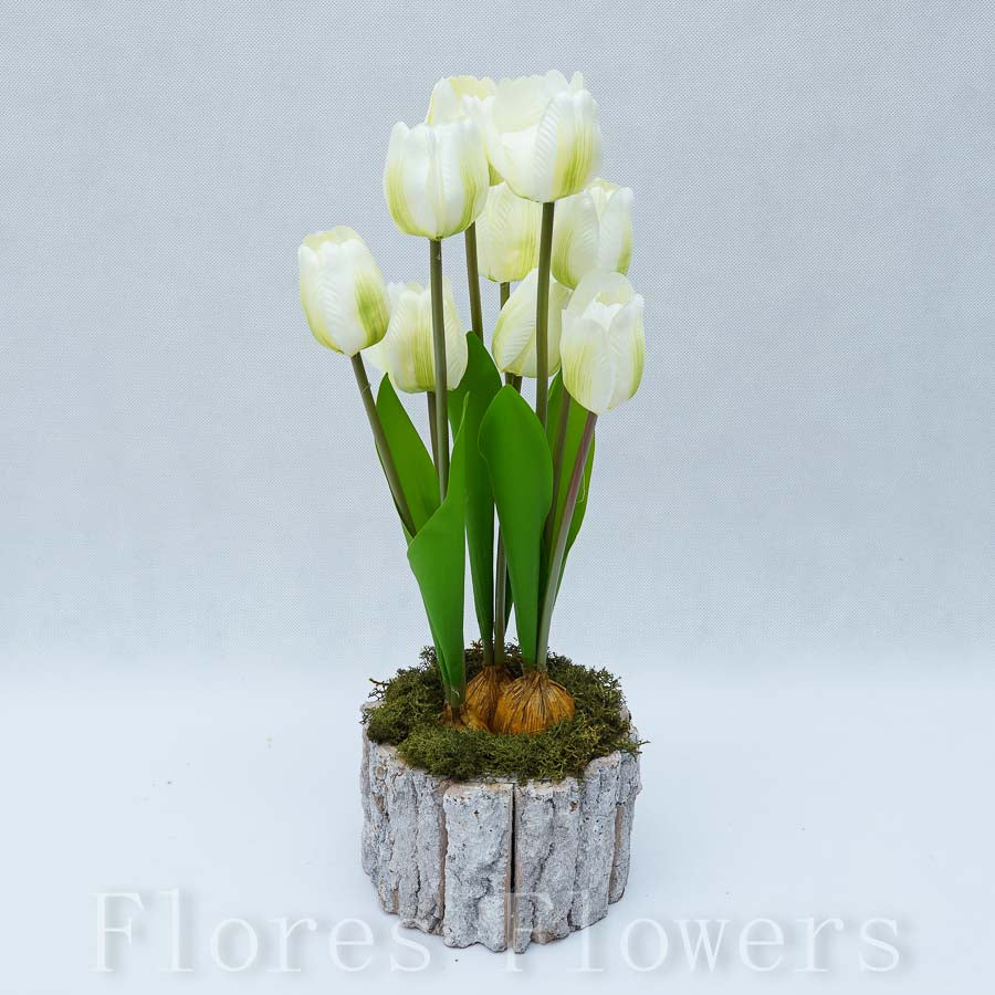 Dekorácia s tulipánmi,krémová, 40x12cm