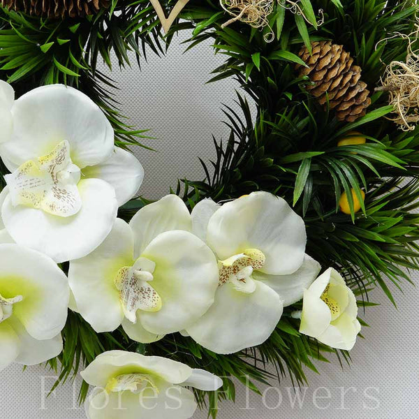Plastový venček s orchideou, 35cm, zelený