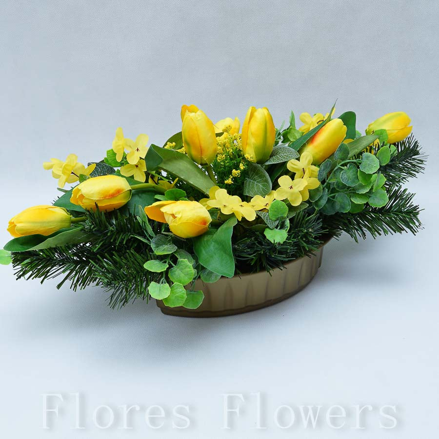 Ikebana jarná zaťažená, žltá, 25x50x18cm