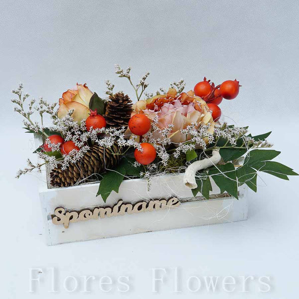 Dekorácia v drevenom obale, 24x14x12cm, žlto-oranžová