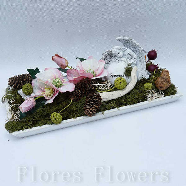 Dekorácia na drevenej podložke s anjelom 39x19cm