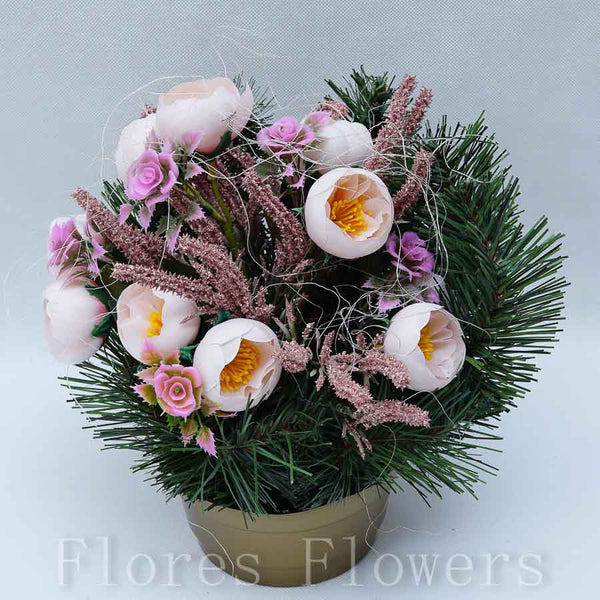 Ikebana zaťažená s trávou, ružová, 30x18cm