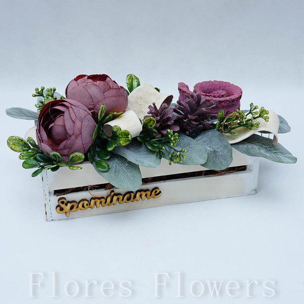 Dekorácia v drevenom obale, 21x13x12cm, tmavoružová