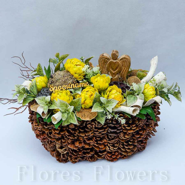 Dekorácia v šiškovom obale, 40x25x25cm. žltá