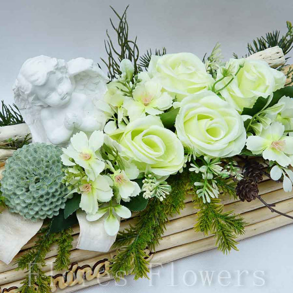 Dekorácia v drevenom obale s anjelom, 40x20x20cm , zelená