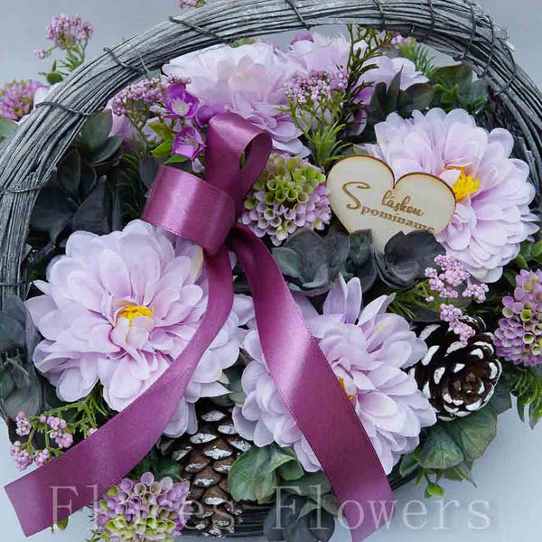 Dekorácia v prútenom košíku, 35x30x25cm, ružová