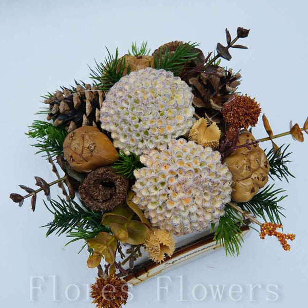 Dekorácia v drevenom obale, 12x12x12cm, krémovo-hnedá