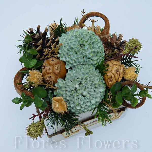 Dekorácia v drevenom obale, 12x12x12cm, zeleno-hnedá