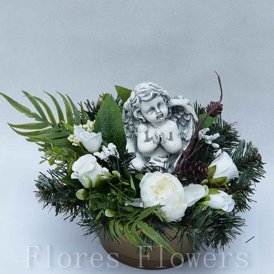 Ikebana zaťažená, 20x20cm, s anjelikom, krémová