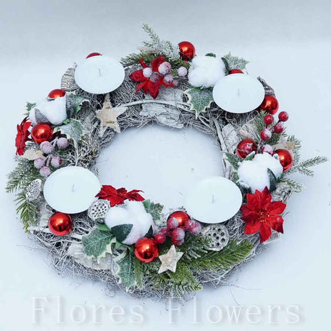 Adventný venček bielo-červený, 35cm