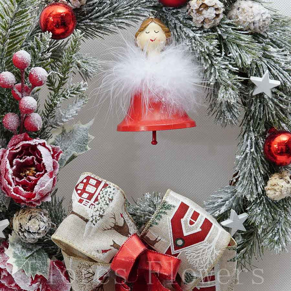 Vianočný venček so zvončekom, bielo-červený, 32cm