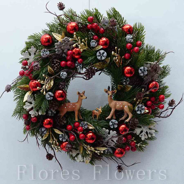Venček vianočný, červený so srnkami, 35cm