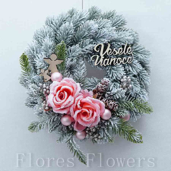 Venček vianočný, bielo-ružový, 30cm