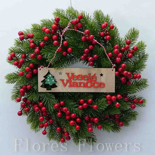 Venček vianočný, červený, Veselé Vianoce, 35cm