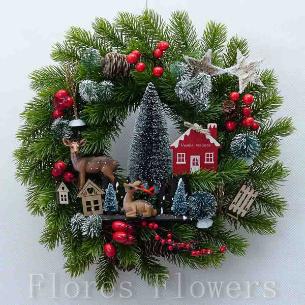 Venček vianočný, zeleno-červený, so srnkami, 30cm