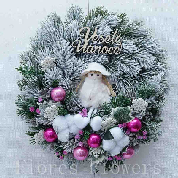 Vianočný venček bielo-ružový, s bábikou, 30cm