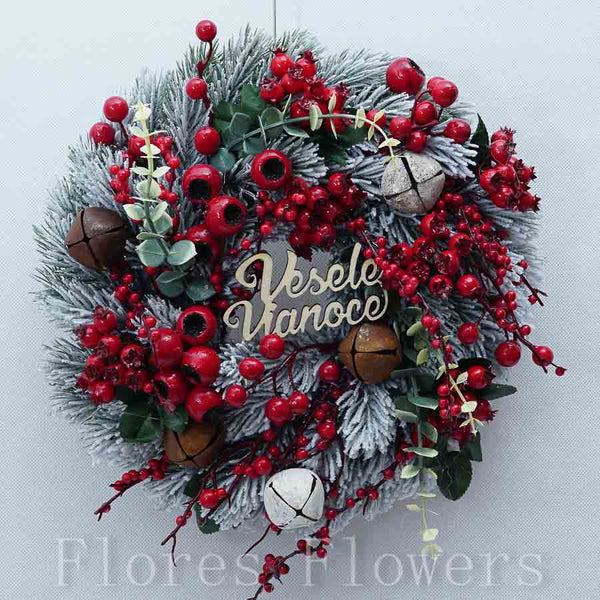 Vianočný venček bielo-červený s rolničkami, 30cm