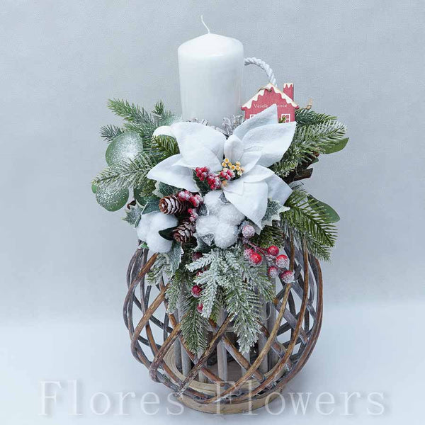 Vianočná dekorácia so sviečkou, 48x32cm, biela