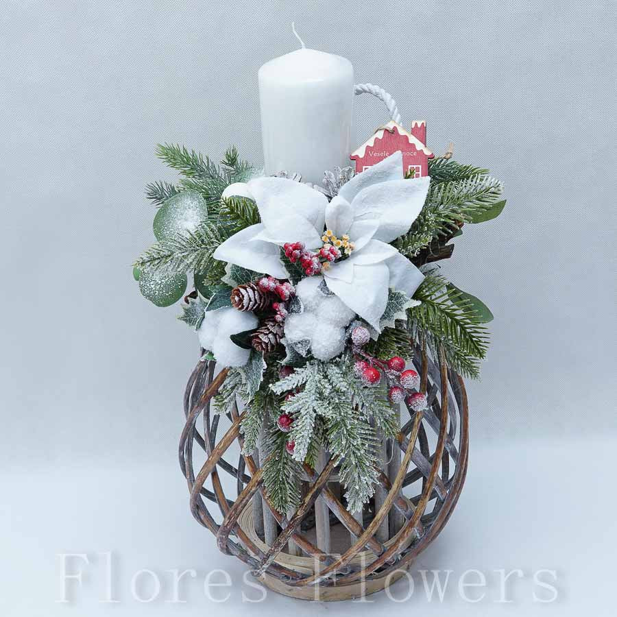 Vianočná dekorácia so sviečkou, 48x32cm, biela