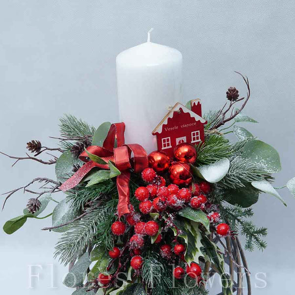Vianočná dekorácia so sviečkou, 48x32cm, červená