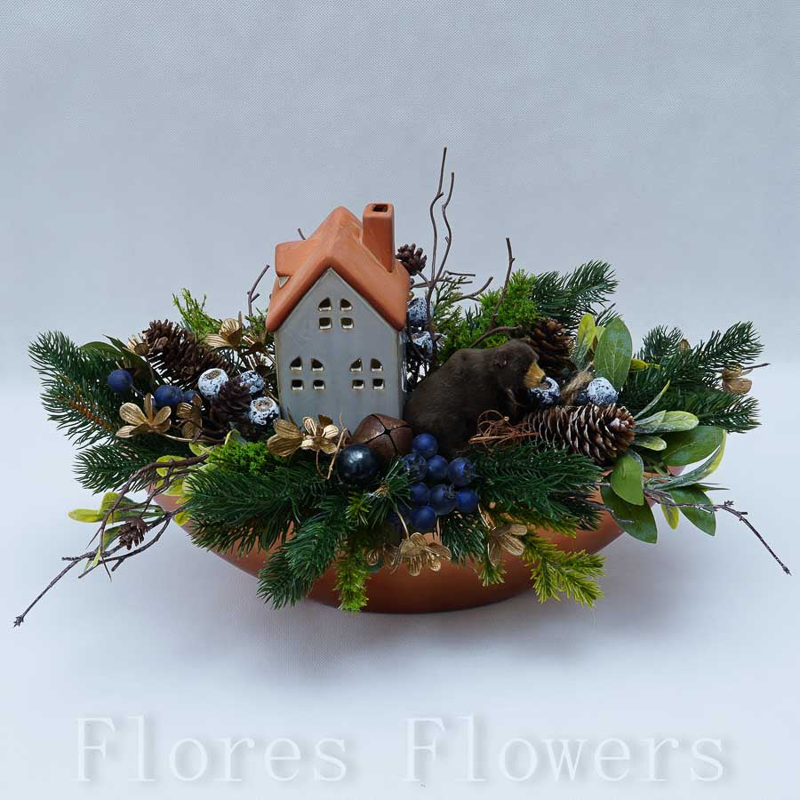 Dekorácia vianočná, so svietiacim domčekom, 45x22x27cm