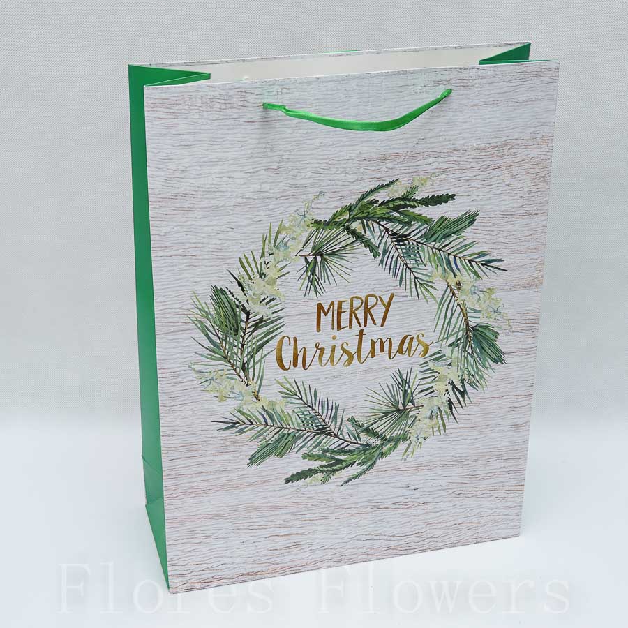 Darčeková taška, nápis Veselé Vianoce 31x42x12cm, biela, zelená, zlatá